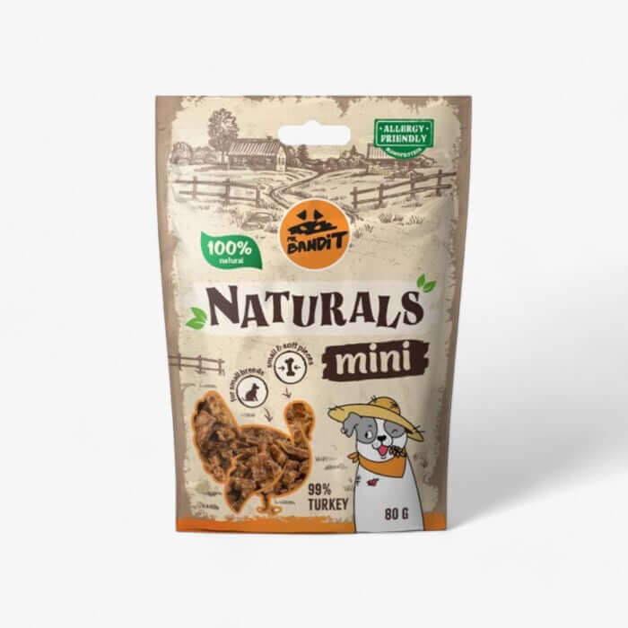 Mr. Bandit Naturals Mini Turkey dog treats packaging, 100% natural, 99% turkey, 80g, allergy-friendly.