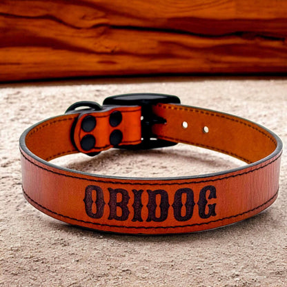 Personalizēta Wild West kakla siksna suņiem ar vārdu 'OBIDOG', izgatavota no ādas.