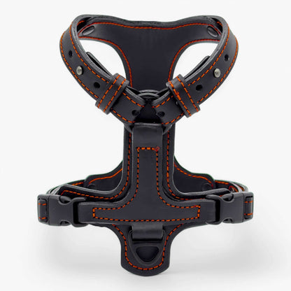 Obi-Luxe ādas krūšu siksna suņiem ar modernu dizainu un spilgti oranžām šuvēm, izturīga un eleganta.